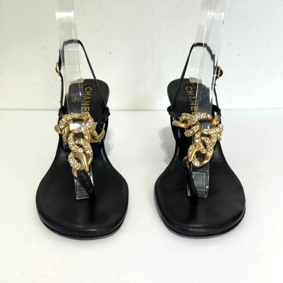 Chanel Sz 36 Black Leather Slingback Heels With Gold Chain Rhinestone Detail - Picture 13 of 14